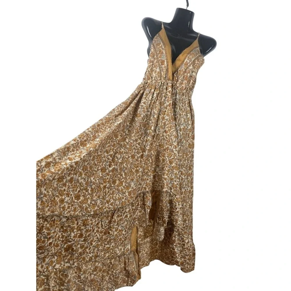Silk Halter Maxi Dress Womens OS Brown Gray Floral Boho Ruffle Summer Sundress